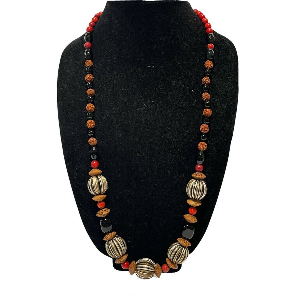 30” L boho string ball red jasper Turquoise beaded necklace Slip Over Layering
